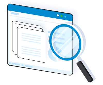 Illustration of documents in a browser window with a magnifying glass.