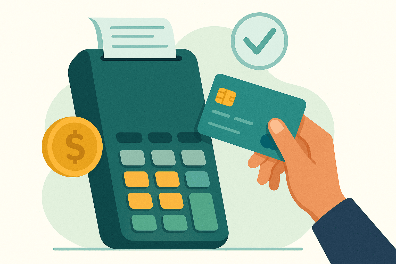 Illustration of a card payment terminal, bank card, receipt, and coins.